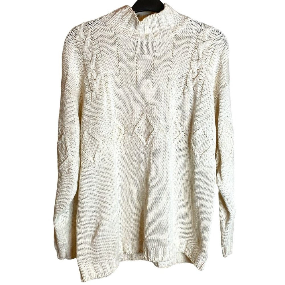 Casual Corner Ivory Cable Knit Mock Neck Sweater L Cotton Ramie Classic Academia